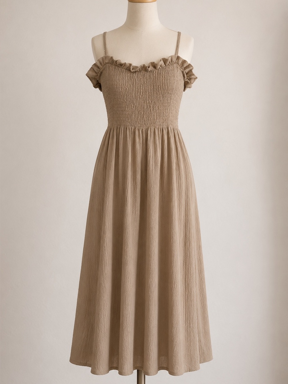 H&M Taupe Smocked Maxi Dress with Cap Sleeves
